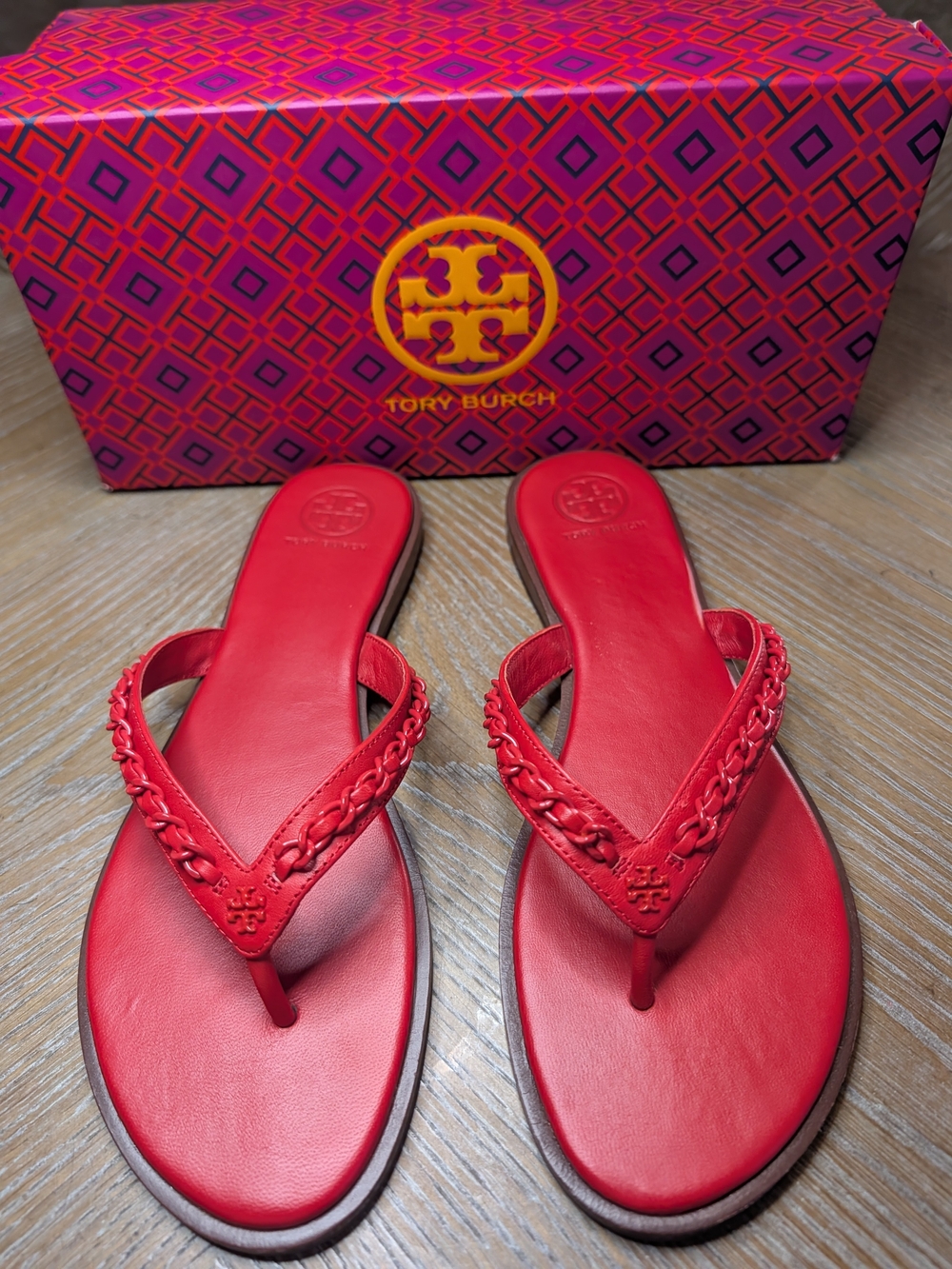 Tory Burch Women’s Red Braided Leather Flip Flop Sandals